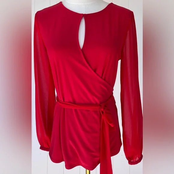 White House Black Market Women’s Faux Wrap Belted Blouse Sheer Sleeves Size XS - Picture 1 of 10